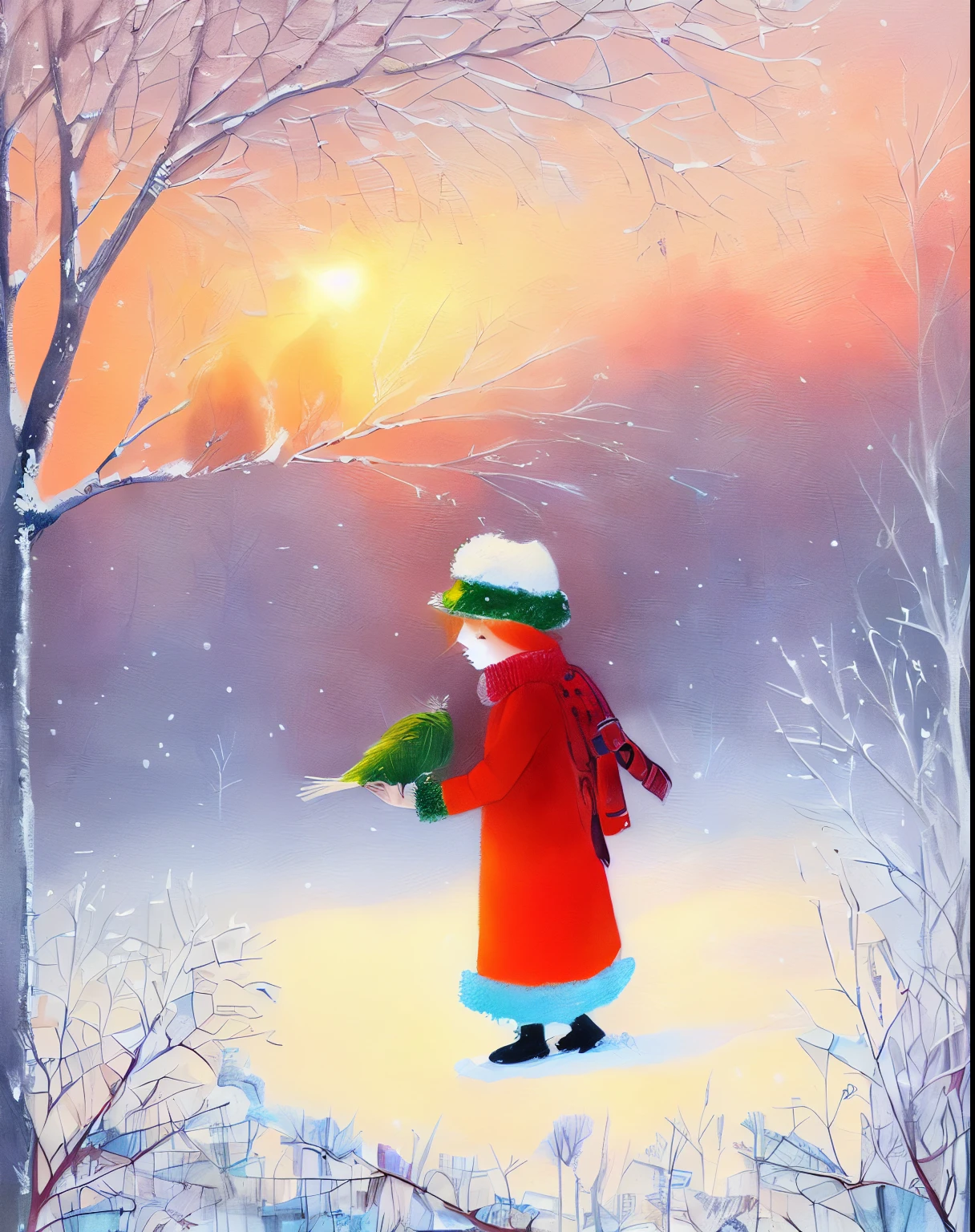 there is a painting of a  in a winter coat and hat, children's illustration, childrens book illustration, children book illustration, winter painting, children's book illustration, children’s book illustration, childrenbook illustration, a snowy day in the forest, childrens illustration, inspired by Elsa Beskow, cute storybook illustration, a beautiful artwork illustration, in the winter