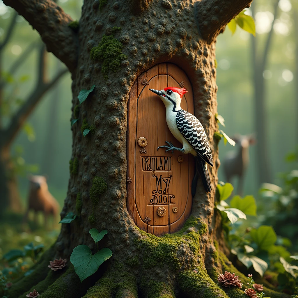 Woodpecker bird beautifully carved on live tree and also name carved as RAJLAXMI MY DOOR, Image is fully realistic , location is beautiful forest with beautiful of atleast 7 wild animals