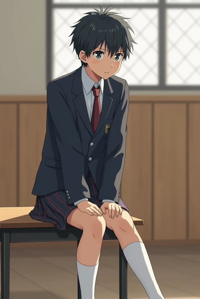 A Japanese male junior high school student in school uniform and white socks was spanked on the lap for getting a 60-point test paper.  