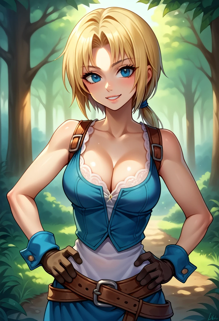 score_9, score_8_up, score_7_up, (female:1.5), 1girl solo, female focus, female body, skinny, zidane, blonde hair, medium hair, blue eyes, monkey tail, low ponytail, parted bangs, gloves, blue miniskirt, standing,cleavage, seductived lips, hands on waist, smiling, looking at you, deep forest,
