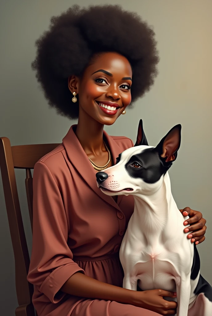 The image shows an elderly black woman with a voluminous afro and a warm smile on her face.. She looks up gently at the dog beside her., a Bull Terrier with white fur and dark spots. The lady is elegantly dressed and seems to convey a sense of serenity and confidence.. The dog, A sua volta, displays an alert and curious expression, appearing to be completely devoted to his mate. digitl art 