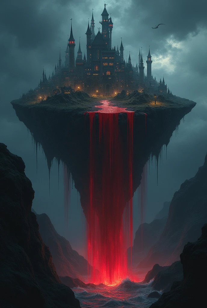 Island in the sky with a kingdom and a waterfall of blood with a black sky
