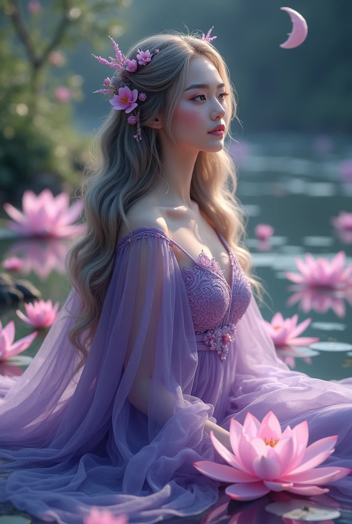Beautiful girl with wavy long hair, Purple clothing and lotus flower decorations
