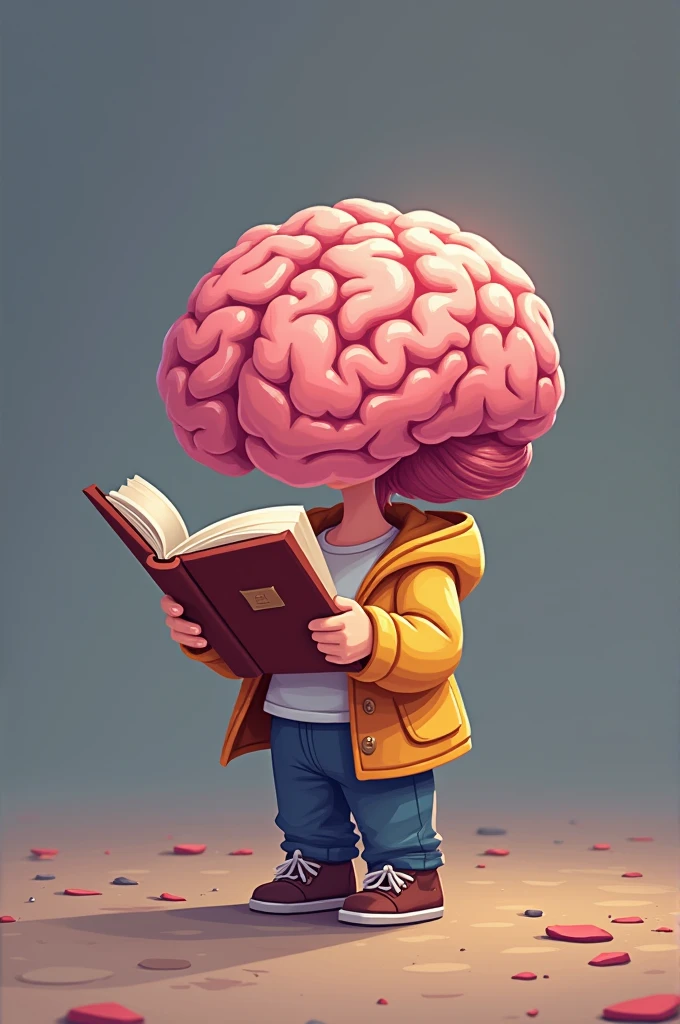 create an animated book image holding the brain with cartoon details
