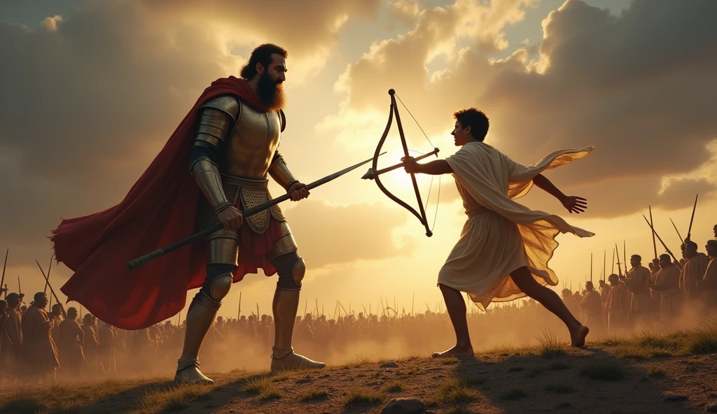 Imagine uma cena épica e intensa que captura o momento crucial da luta entre Davi e goliath. En el centro de la imagen, Davi, a young shepherd, is in a position of attack, holding a slingshot with a stone in one hand. Your gaze is determined and full of courage, and he is dressed in simple shepherd's clothes, with a cloak that flutters lightly in the wind. Ao fundo, we can see a vast battlefield, with a crowd of Israelites and Philistines watching in anticipation.
In front of you, goliath, an imposing giant, rises like a mountain of strength. He is depicted in shining armor, holding a huge spear, that looks almost disproportionate in your hands. Your face is a mask of contempt, as he laughs disdainfully at his opponent. A expressão de Davi contrasta com a de goliath, showing not only the bravery of the young man, but also confidence in your faith.
Ao fundo, The sky is laden with dark clouds, creating an atmosphere of tension and drama, as rays of light illuminate the figure of David, symbolizing your inner strength. The surrounding terrain is rugged, with stones and grass, where the marks of the previous battle are still visible. This image should capture the essence of the struggle between good and evil., courage in the face of adversity, and the faith that can move mountains.