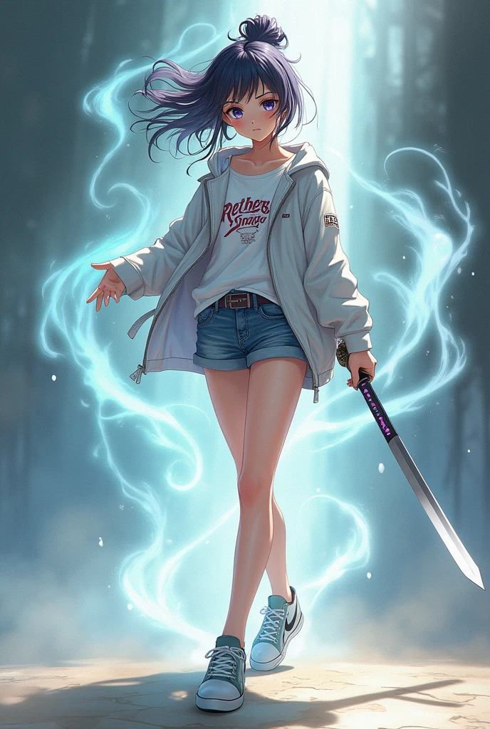 Full body shot of a 19 year old girl with mist energy around her holding a sword wearing open jacket , shorts and shoes in anime style
