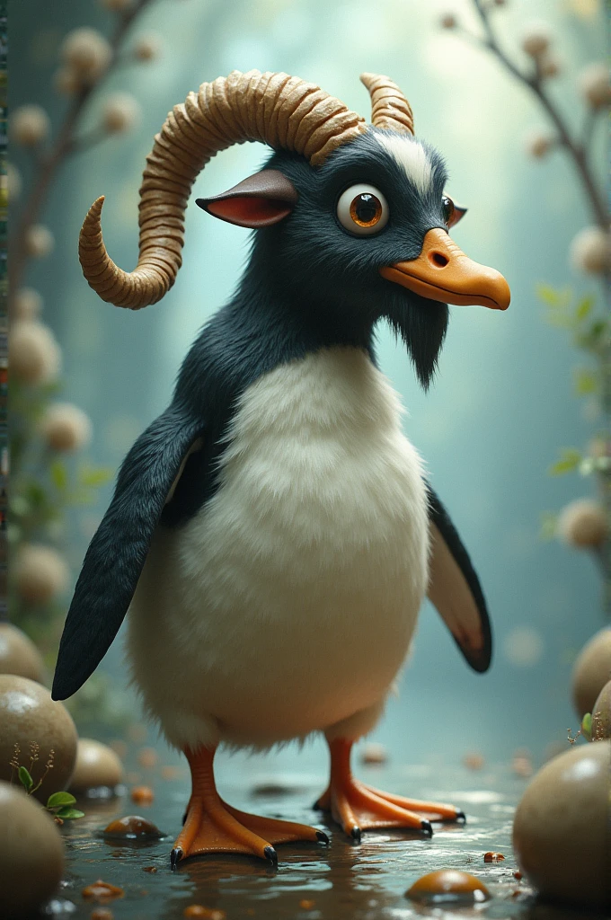 An animal with a goat's head, a penguin's body and duck's legs.