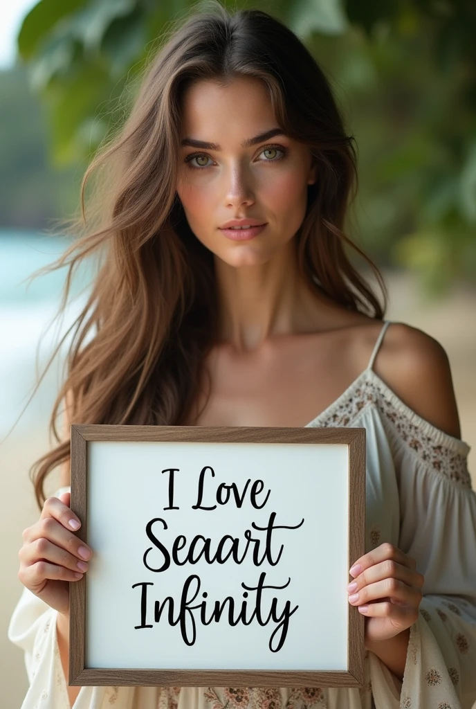 Beautiful girl with wavy long hair, bohemian dress, holding a white board with text "I Love Seaart Infinity" and showing it to the viewer