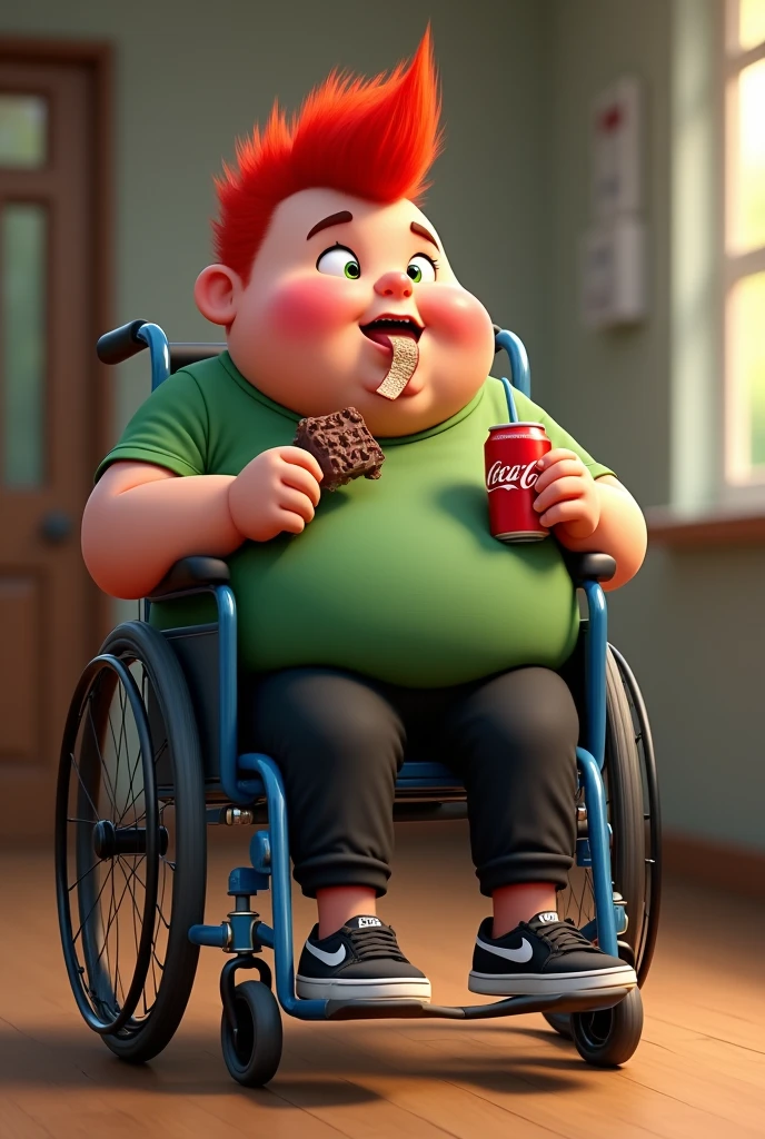 make a fat wheelchair boy with a red mohawk, a green t-shirt, black pants and black Nike sneakers eating chocolate and drinking Coca Cola
