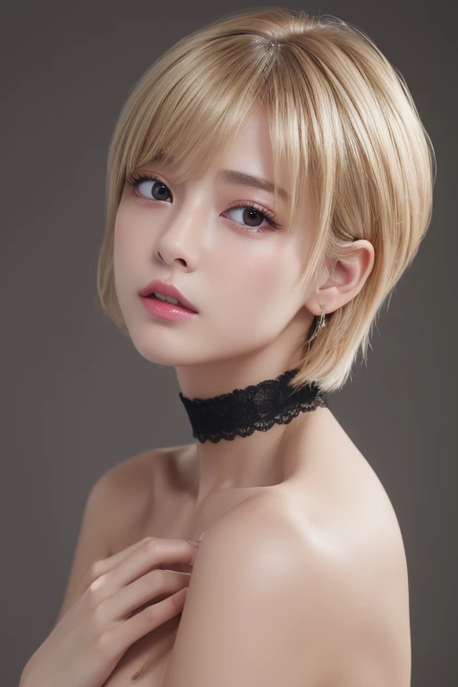 (Highest quality、4K、8k、High resolution、masterpiece:1.2)、Very detailed、(Genuine、Realistic、Realistic:1.3)、blonde、Pixie Cut、Black choker、((Completely naked))、Private room、Crying
