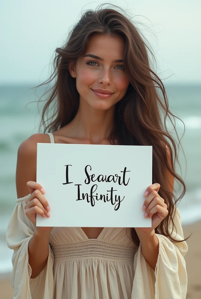 Beautiful girl with wavy long hair, bohemian dress, holding a white board with text "I Love Seaart Infinity" and showing it to the viewer
