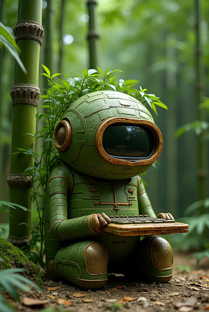 Create a computer with round and green bamboos, it has to look old, all made of bamboo 