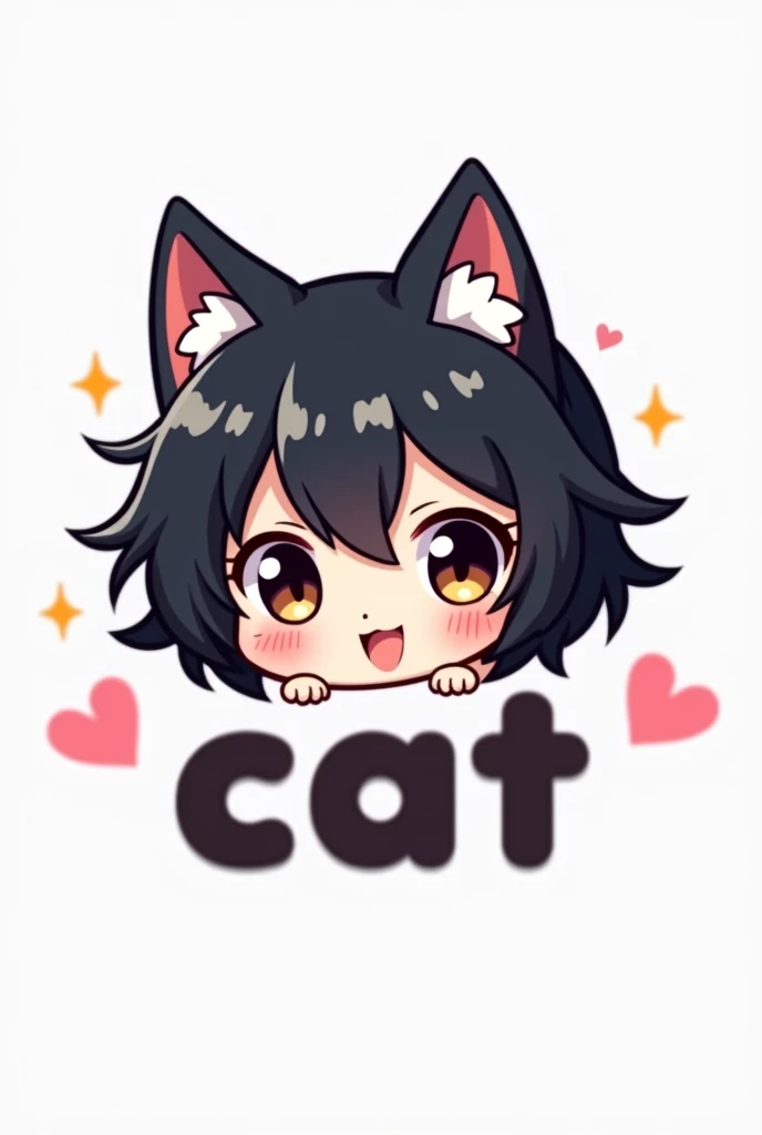 Kawaii logo with a character with black hair and cat ears for a video game channel that has the word "cat" written on it "BlackNom"