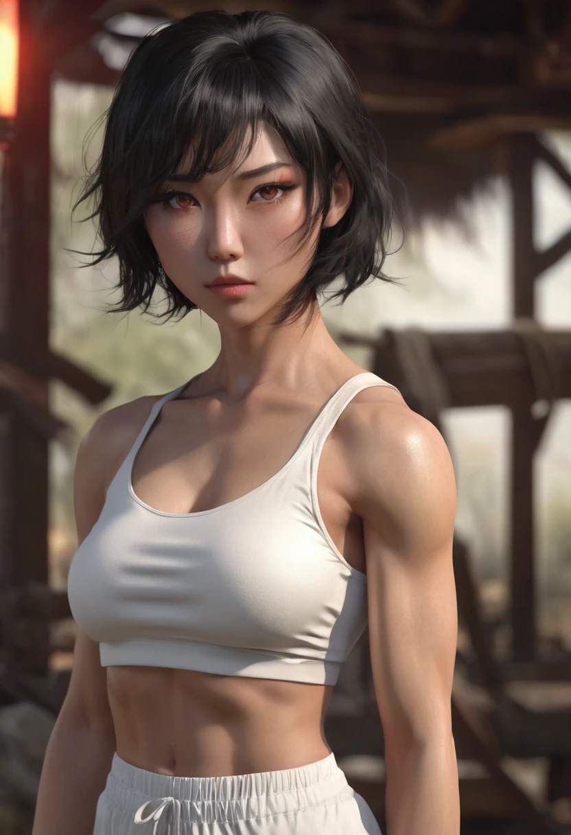 1 woman, background is a medieval training camp, muscular female body, wearing a white strapless crop top and workout pants, double lidless eyes, Asian eyes, detailed facial features, female red eyes, detailed dark tan skin, short black hair, dramatic lighting, cinematic composition, light palette, warm colors, atmospheric haze, thin chin, serious face, strong and beautiful woman, adult woman, ultra realistic, adult man (best quality, 4K, 8K, Hi-Res, Art: 1.2), ultra detailed (realistic, photorealistic, photorealistic: 1.37)