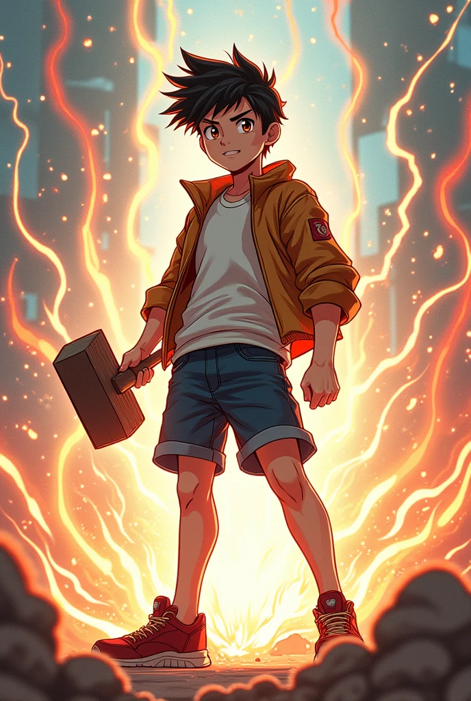 Full body shot of a 19 year old boy with sound energy around him holding a hammer wearing open jacket , shorts and shoes in anime style