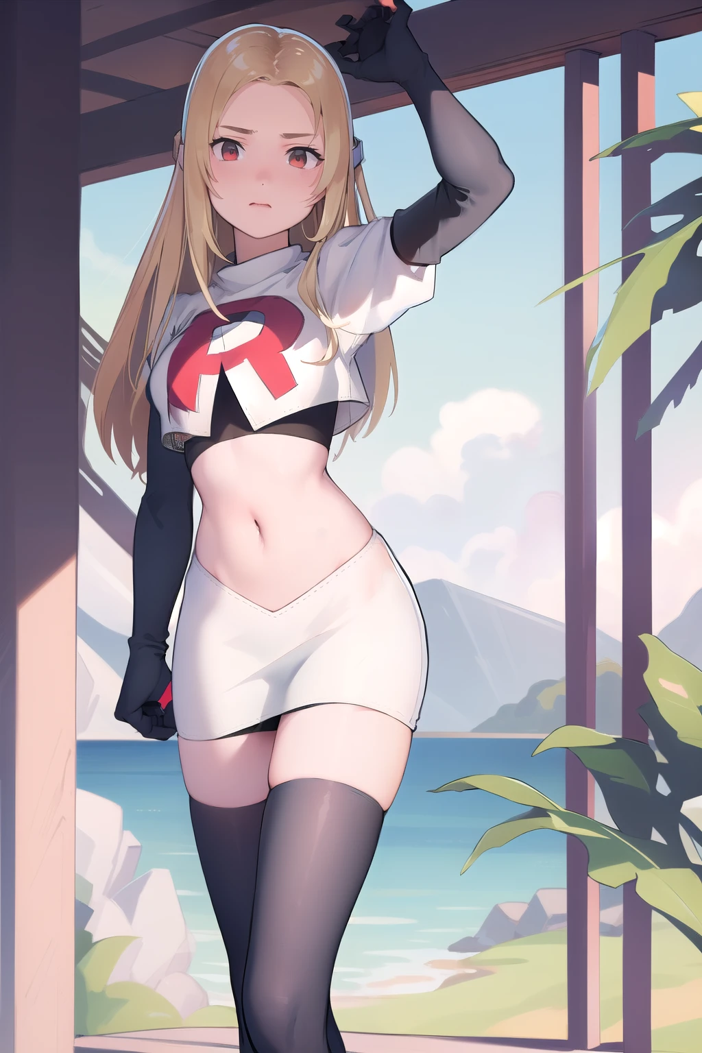 masterpiece, best quality, mathilda, helmet,  looking at viewer, team rocket,team rocket uniform,white skirt,red letter R,crop top,black thigh-highs,black elbow gloves