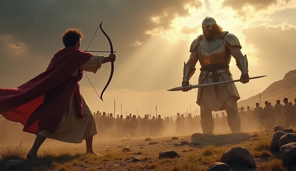 Imagine uma cena épica e intensa que captura o momento crucial da luta entre Davi e goliath. En el centro de la imagen, Davi, a young shepherd, is in a position of attack, holding a slingshot with a stone in one hand. Your gaze is determined and full of courage, and he is dressed in simple shepherd's clothes, with a cloak that flutters lightly in the wind. Ao fundo, we can see a vast battlefield, with a crowd of Israelites and Philistines watching in anticipation.
In front of you, goliath, an imposing giant, rises like a mountain of strength. He is depicted in shining armor, holding a huge spear, that looks almost disproportionate in your hands. Your face is a mask of contempt, as he laughs disdainfully at his opponent. A expressão de Davi contrasta com a de goliath, showing not only the bravery of the young man, but also confidence in your faith.
Ao fundo, The sky is laden with dark clouds, creating an atmosphere of tension and drama, as rays of light illuminate the figure of David, symbolizing your inner strength. The surrounding terrain is rugged, with stones and grass, where the marks of the previous battle are still visible. This image should capture the essence of the struggle between good and evil., courage in the face of adversity, and the faith that can move mountains.