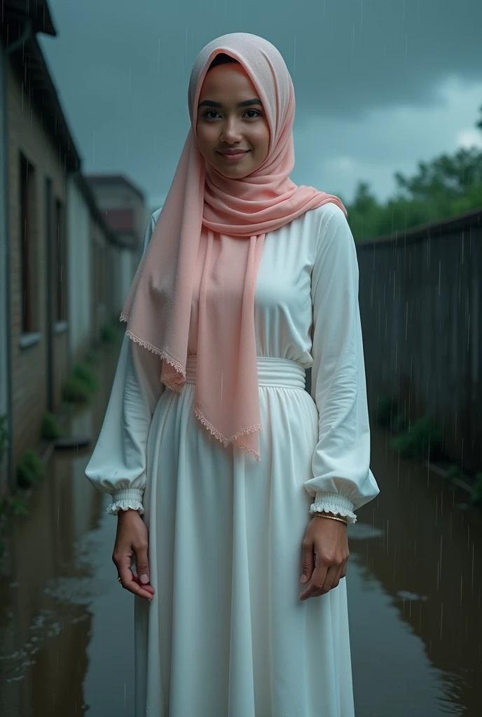 RAW, Best quality, high resolution, Masterpiece: 1.3), Beautiful Malay woman in hijab (iu:0.8), high resolution,Malay girl in beautiful hijab, Masterpiece, Short girl, soft smile,Beautiful Malay woman wearing pastel colored hijab during heavy rain, dark clouds, white Chiffon maxi dress, shawl, long sleeve shirt, soaking wet, high resolution, 4k, HDR, photorealistic, realistic, sweaty skin, thin face, big breasts, perfect makeup up, big eyes, glossy lips, perfect nose, smile soft, thick sexy body, portrait, cinematic, realistic, photo, standing in the shower, dirt on clothes, mud on feet, showering, wet body, shower, Style-Empire, (Style-Glass), ((( surrealisme))), full_body_shot, dramatic, backlit, rays of light, volumetric lighting, detailed face, very detailed, wet skin, wet clothes, wet body, wet hijab, soaked, soaked, curled, round face, Kneeling(spread your legs), hands up(showing your armpits), looking at viewer, smiling, front view, clothes shiny, oily clothes, fat vagina, cameltoe(vagina contour clearly visible), underpants, panties, fat abs