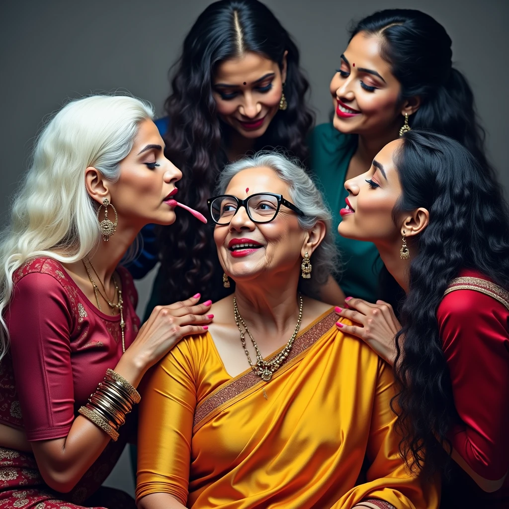 in luxerius office items sorrounded bright lighted modern indian office,An eldery 65 years old indian lady and four 35 years old young ladies,licking head scalps of each others,red lipsstick,realistic licking scalp with tongue,3c curly very long hair hair,styled with 100000 liters hair oil,hairs like viscus oiled pulp,slick combed hair lines highly visible,showered with hair oil,Bathed with hair oil,{{{{{{NSFW}}}}},{{{{{Nudity:1.5}}}}},{{{{{{{{{{{Full Nude}}}}}}}}}}}}}}}},{{{{{{Eldery & Young}}}}}}},{{{{{Wet hairs,Totaly oil wet hairs, Totaly oiled hairs}}}}},{{{{{Perfect color grading}}}}},{{{{{Natural licking}}}}},{{{{{{Natural tongues}}}}},{{{{{{{Super curly like noodles}}}}}},(Hair oily:1.6),(Hair oiled:1.6),(show me your tongue out, long tongue:1.2), {{{{{{{Indian ethnicity}}}}},{{{{{All indian ladies}}}}},{{{{perfect figures}}}}},{{{{Cute young or eldery faces}}}},