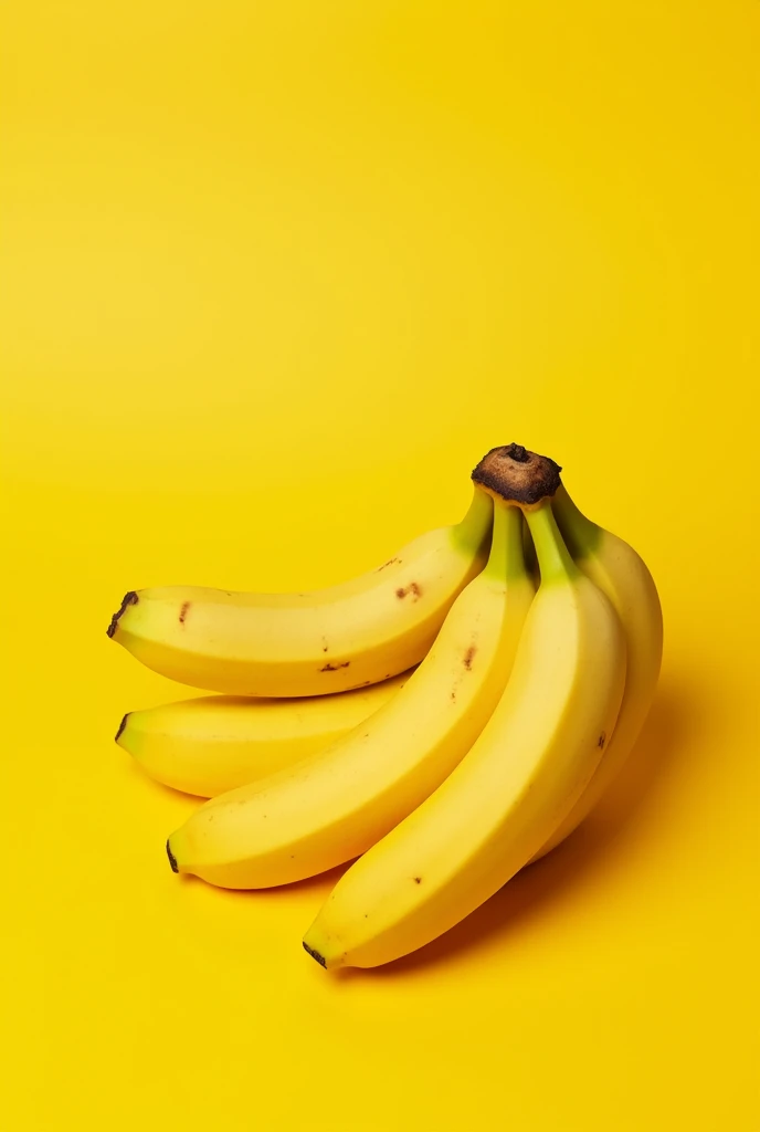 a realistic image of a banana bunch on a yellow background. The bananas should appear medium ripe and ready to eat, with no deformities. The photo should be taken with a Nikon Z7 camera and a prime 80mm lens, using an aperture of f/8 and a shutter speed of 1/125. The image should be well-balanced in composition, following the rule of thirds and the golden ratio. The lighting should be natural and use daylight white balance. The photo should be sharp, well-lit, and high-resolution. Please ensure that the bananas look good, natural, and are displayed in a way that is pleasing to the eye.