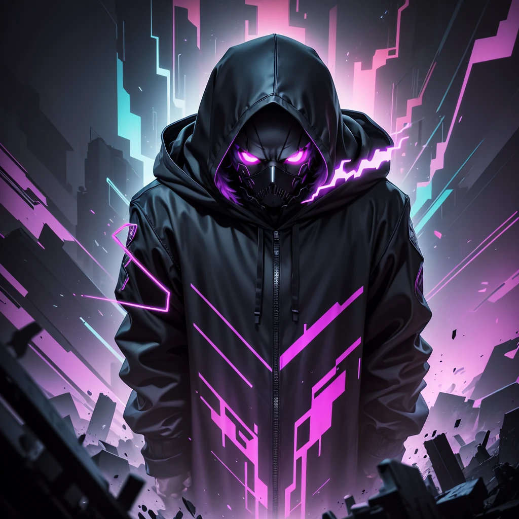 Create a digital avatar with a dark, intense atmosphere that represents the vibe of heavy music genres like phonk, aggressive phonk, house phonk, and dark rap. The background should be a mix of deep, shadowy colors like black, dark purple, and crimson red, with subtle neon accents to give it an underground feel. The central figure could be a menacing, hooded figure with glowing eyes, surrounded by abstract sound waves and glitch effects, symbolizing the raw energy and bass-heavy beats. The overall design should evoke a sense of mystery, aggression, and power, with a strong urban and street aesthetic. add a neon clear inscription "Ragebeat"