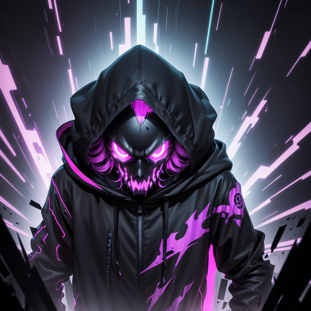 Create a digital avatar with a dark, intense atmosphere that represents the vibe of heavy music genres like phonk, aggressive phonk, house phonk, and dark rap. The background should be a mix of deep, shadowy colors like black, dark purple, and crimson red, with subtle neon accents to give it an underground feel. The central figure could be a menacing, hooded figure with glowing eyes, surrounded by abstract sound waves and glitch effects, symbolizing the raw energy and bass-heavy beats. The overall design should evoke a sense of mystery, aggression, and power, with a strong urban and street aesthetic. add a neon clear inscription "Ragebeat"
