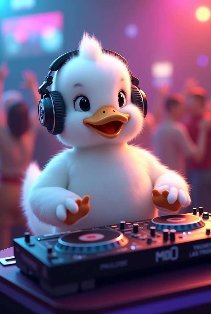 Please a duck being a dj , adorable and white,