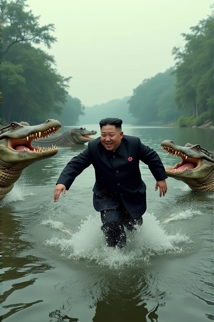 Kim Jong Un being chased by monstrous alligators in the sena river