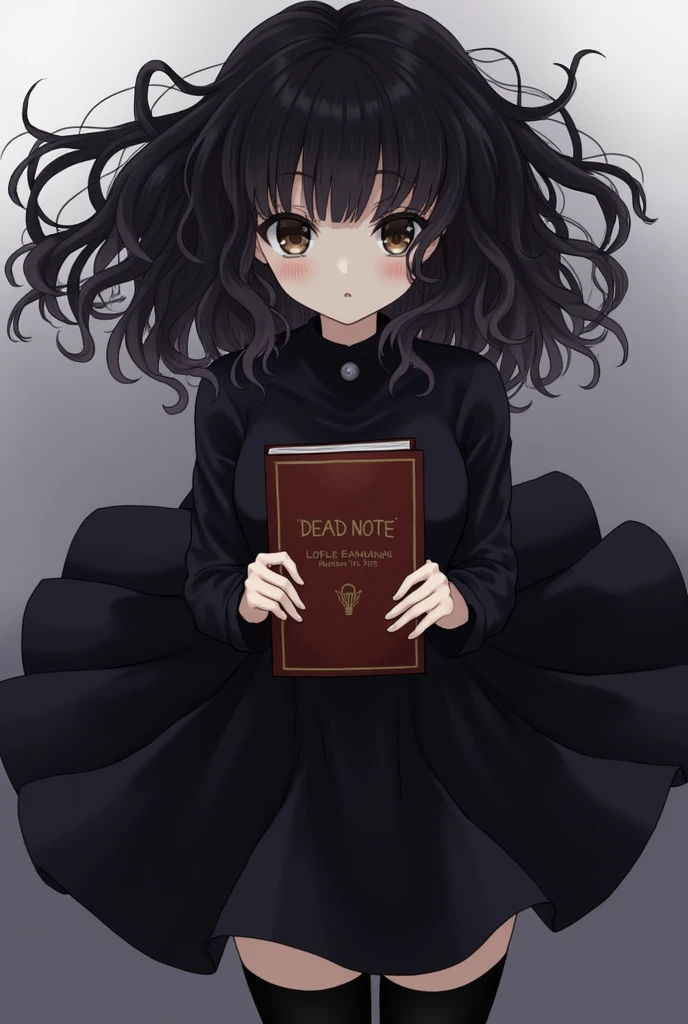 I want a drawing of Misa Aname from Dead Note with curly hair and bangs, dark hair and brown eyes, with the Dead Note notebook in his hand and the girl is dressed in a black dress and black tights on her arms