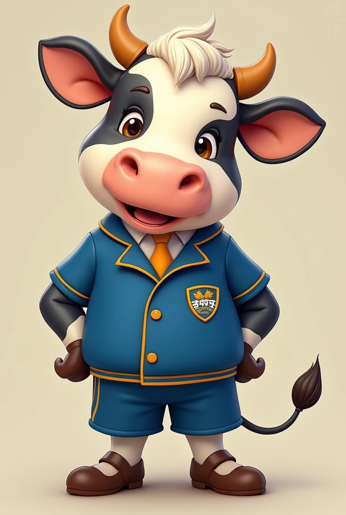 Cute cow wearing blue and yellow objective school uniform, Olympics