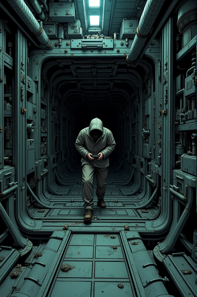 image from inside an analog camera, comic book style dark and gloomy environment