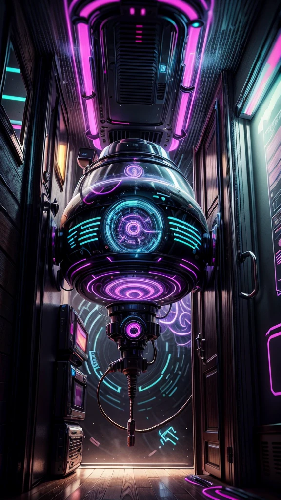 Image of a cyberpunk style RV, blue and purple neon light with abstract graffiti on the motor home, high tech RV with anti-gravity tech help it floating in the air, no wheel, flying with high tech