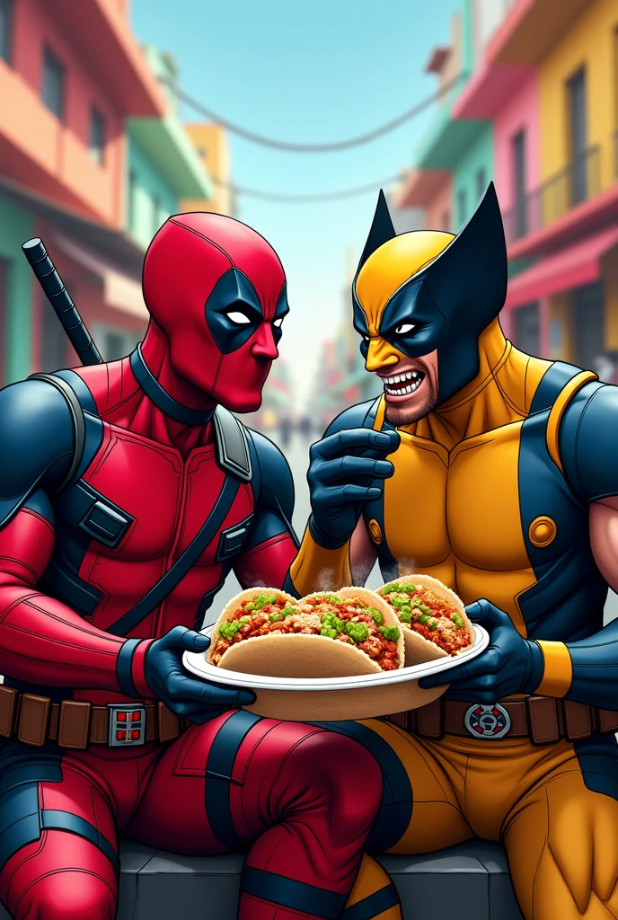 Deadpool and Wolverine eating tacos de canasta