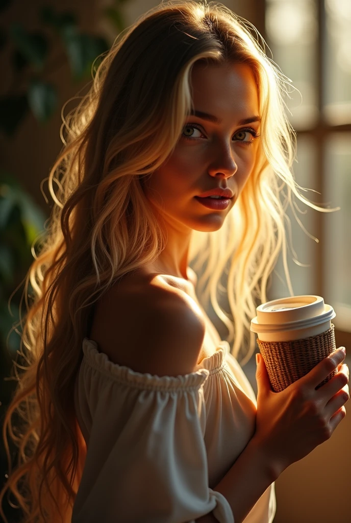 a beautiful girl with long blonde hair, detailed eyes, nose, and lips, walking backwards with a coffee in his hand ,while looking at his marked rear (Best Quality,4k,8k,High resolution,masterpiece:1.2),ultra detailed,(realist,photorealist,photo-realist:1.37),HdR,studio lighting,extremely detailed face and body., portrait,cinematic lighting,dramatic lighting,warm color tones,dramatic colors