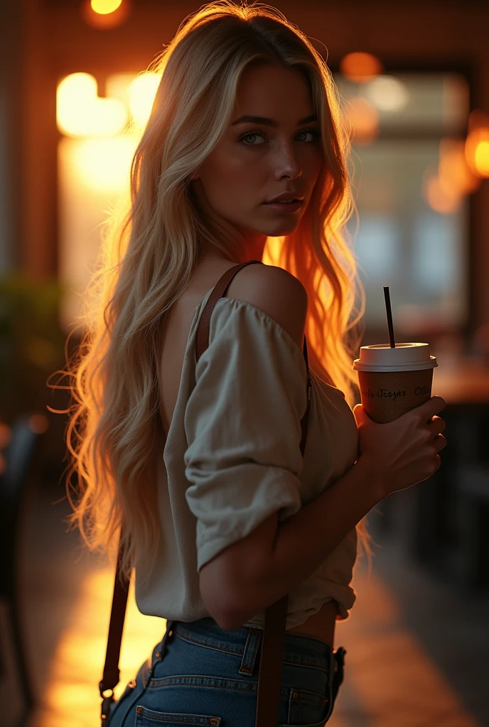 a beautiful girl with long blonde hair, detailed eyes, nose, and lips, walking backwards with a coffee in his hand ,while looking at his marked rear  (Best Quality,4k,8k,High resolution,masterpiece:1.2),ultra detailed,(realist,photorealist,photo-realist:1.37),HdR,studio lighting,extremely detailed face and body., portrait,cinematic lighting,dramatic lighting,warm color tones,dramatic colors
