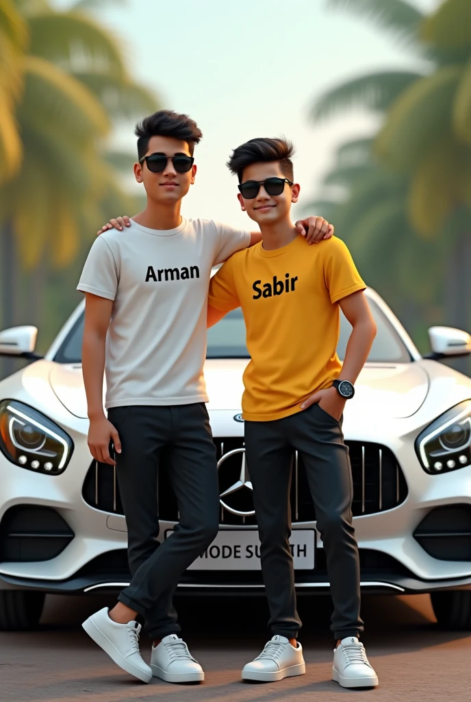 to real indian  Indian boys friends are standing leaning against a white super luxury car, and all to are wearing different white, yellow ,black shirts and black pants, white shoes, and all to have different names on their t-shirts.It is written” Arman,Sabir,” and the middle boys hand is on the Shoulders of both of them and all to have a watch, sunglasses, beautiful blur background view. make sure name should be correct