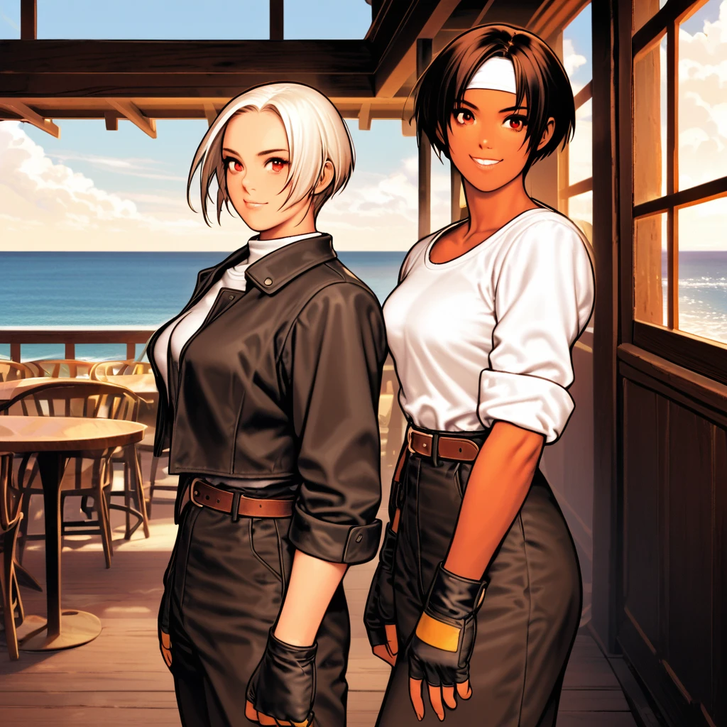 Two Women,short hair,Dark Skin,Red eyes,(Black jacket with rolled up sleeves),Fingerless gloves,White T-shirt, (White headband on forehead),Black pants,White shoes,Brown belt,cute,Indoor person,Charm Points,Ocean View,Slightly large breasts,Outdoor,High quality,Handsome,A confident smile,Dining with friends on the terrace,Standing side by side,Hands on the chin