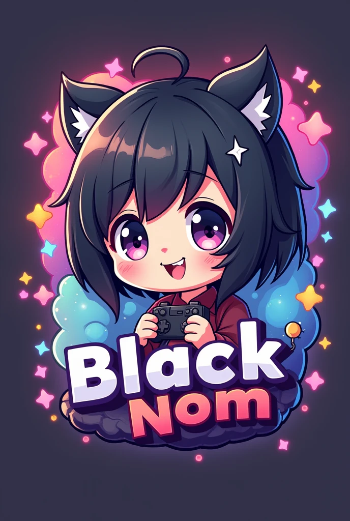 Kawaii black-haired logo for a video game channel that has the words "BlackNom"