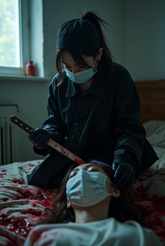 korean girl, (behind corpse, holding knife), surgical mask, black gloves, room full of blood, black raincoat, trucker hat, holding knife, black gloves, woman on top, behind corpse, blood splatter, on the bed, mass murderer, night, killer, pony tail, blood splatter, dark atmosphere, cinematic lighting, atmospheric realistic, light from the window
