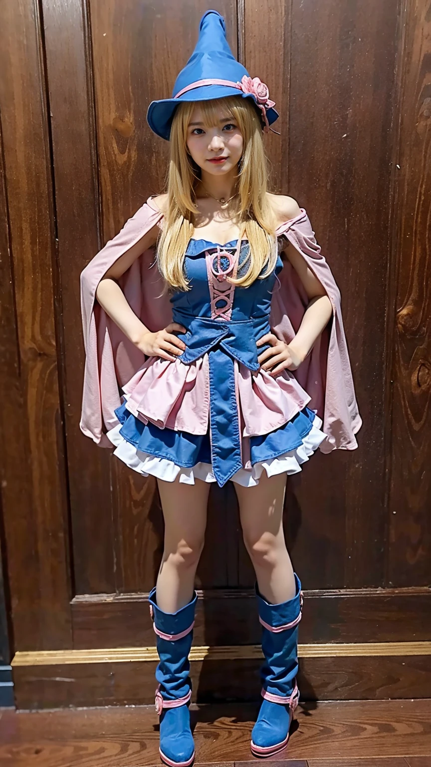 (8k、RAW Photos、Highest quality、masterpiece:1.2)、(Realistic、Realistic)、1 girl、((Blonde、Long hat、Pink and light blue、Frills、Cape、mini skirt、Thin legs、whole body、boots、View from the front、Looking into the camera、Stand with hands on hips))、cute