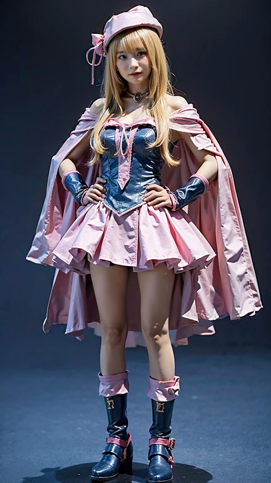 (8k、RAW Photos、Highest quality、masterpiece:1.2)、(Realistic、Realistic)、1 girl、((Blonde、Long hat、Pink and light blue、Frills、Cape、mini skirt、Thin legs、whole body、boots、View from the front、Looking into the camera、Stand with hands on hips))、cute