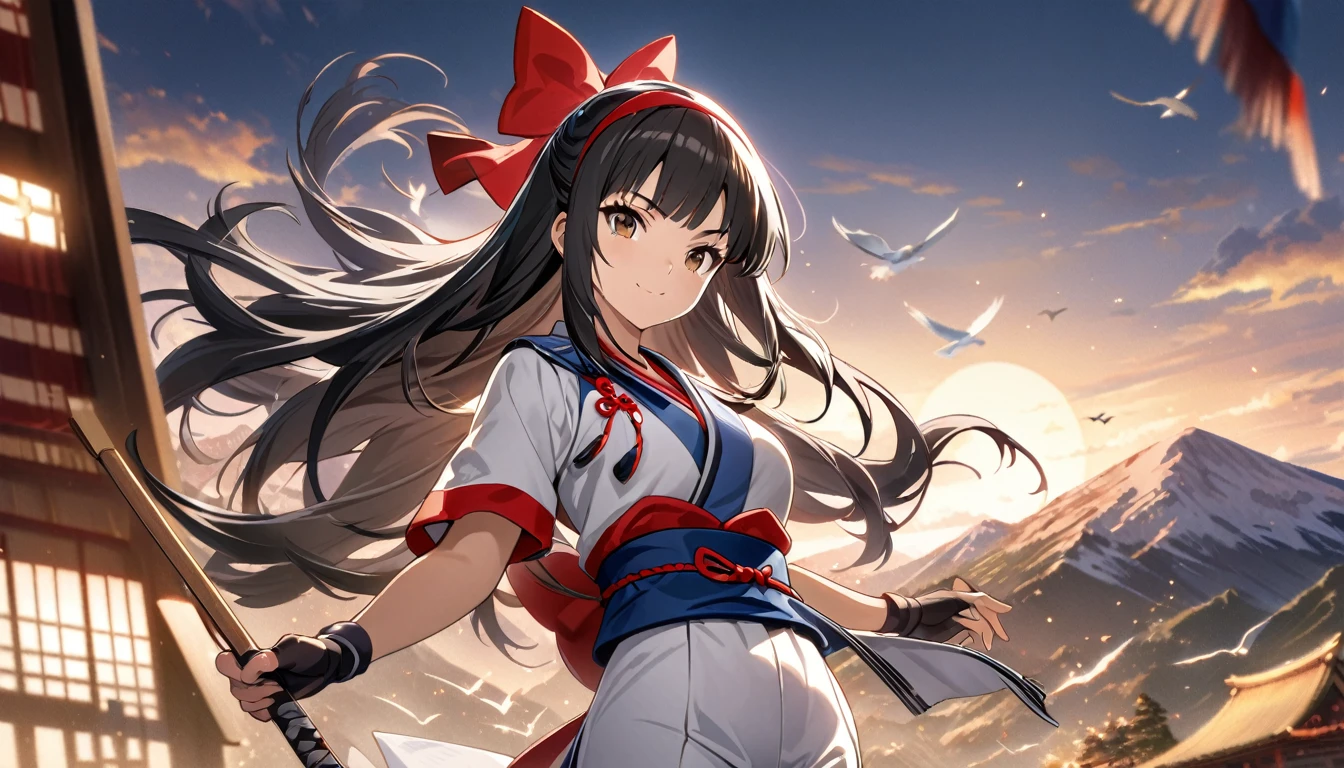 masterpiece, best quality,1girl, red bow, bow, long hair, hair bow, ainu clothes, solo, hairband, bird, black hair, fingerless gloves, short sleeves, gloves, sash, pants, bangs, red hairband, weapon, breasts, brown eyes, white pants, japanese clothes, nakoruru, light smile, officials art, good composition, official pose, detailed portrait, portrait, bokeh, mountain background with cloud, pencil style, traditional brush, samurai, onmyoji style, high resolution, dramatic lighting and shadow, sun flared, blurry foreground