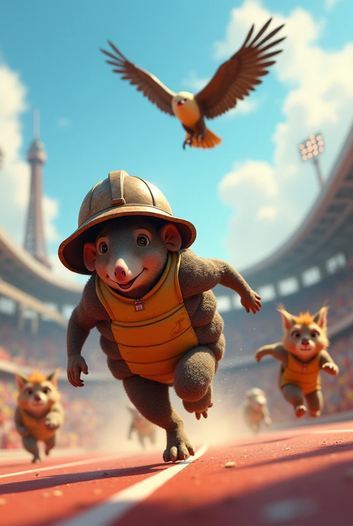 An animated armadillo athlete running in Paris 2024 with an old miner&#39;s helmet and his third Bolivian flag (red horizontal, yellow and green)
A lead puma chasing behind it an Andean condor in the air 