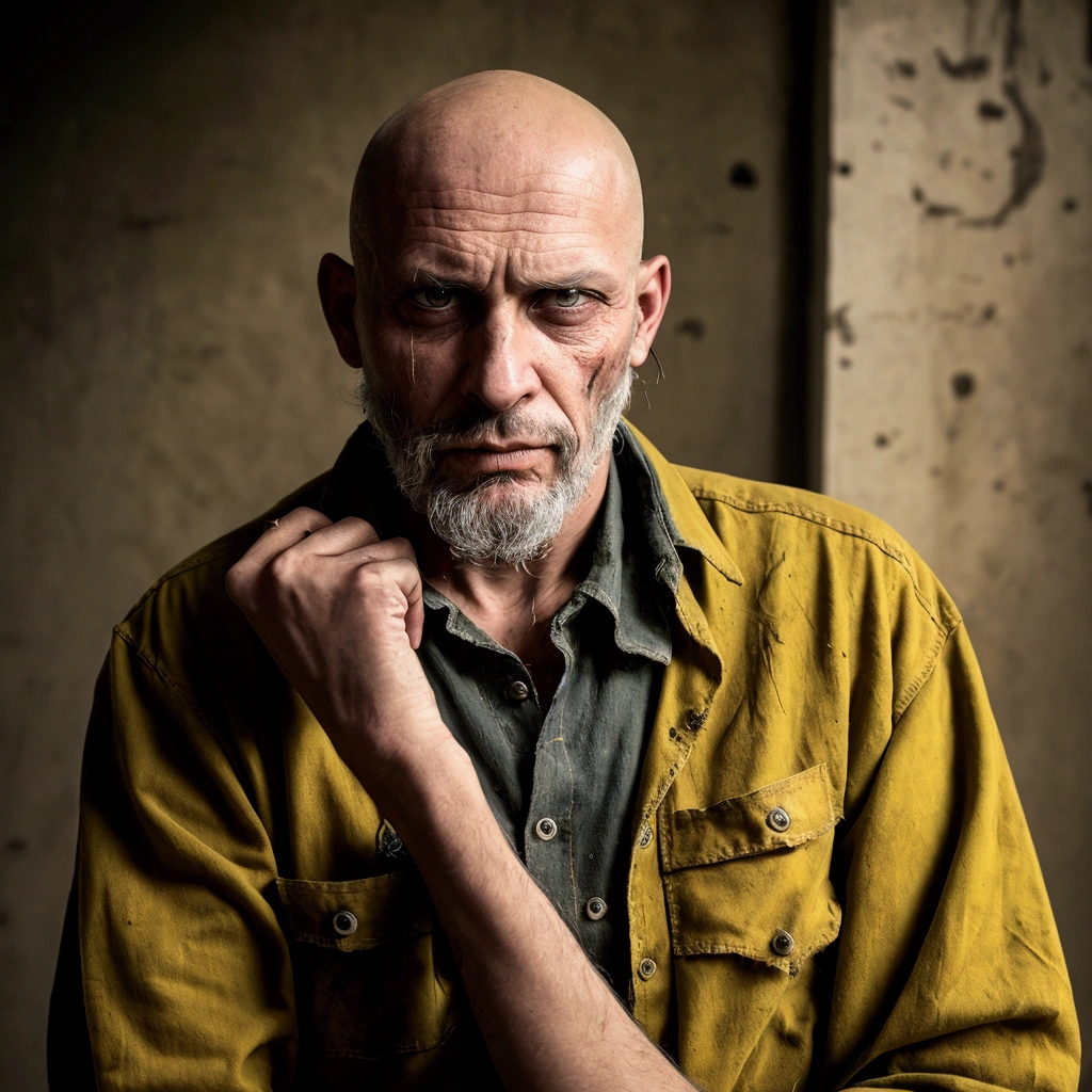 a gaunt man with a bald head and stringy greasy hair, intense piercing eyes, crooked nose, scruffy beard, wearing a dirty yellow button-up shirt with rolled up sleeves, old worn jeans and heavy work boots, in a dimly lit, decaying room, realistic gritty texture, horror atmosphere