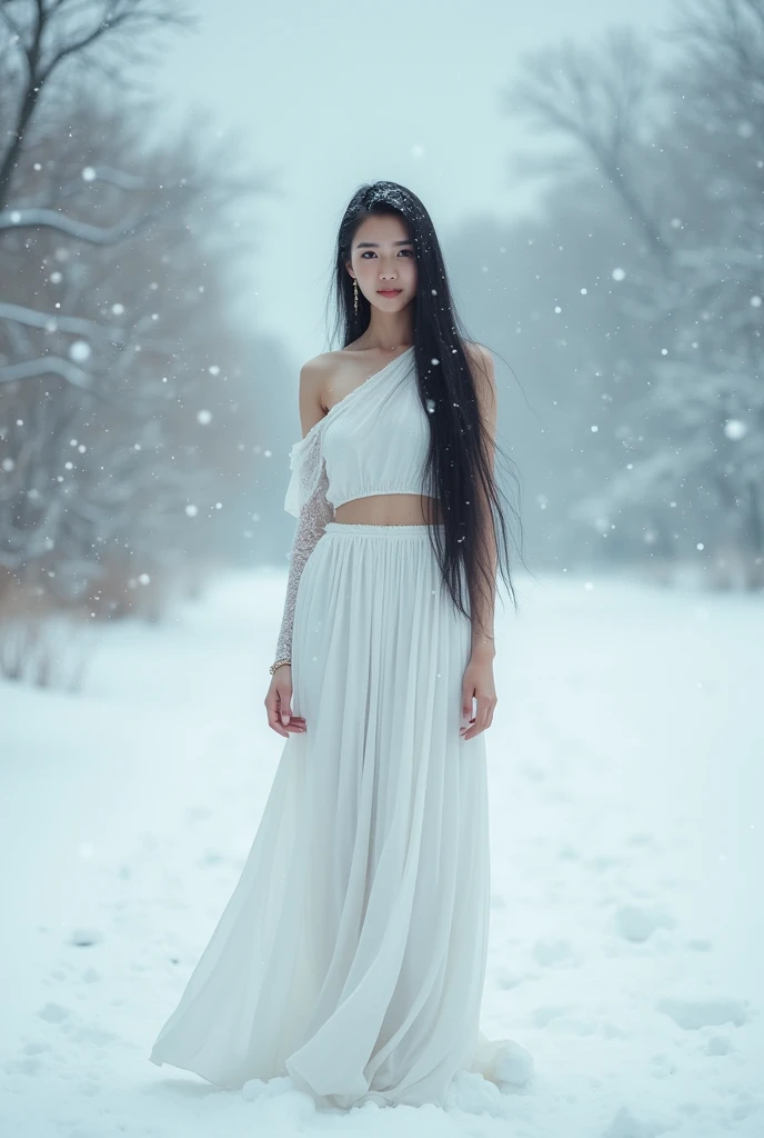 A indonesian woman in a white top and skirt standing in the snow