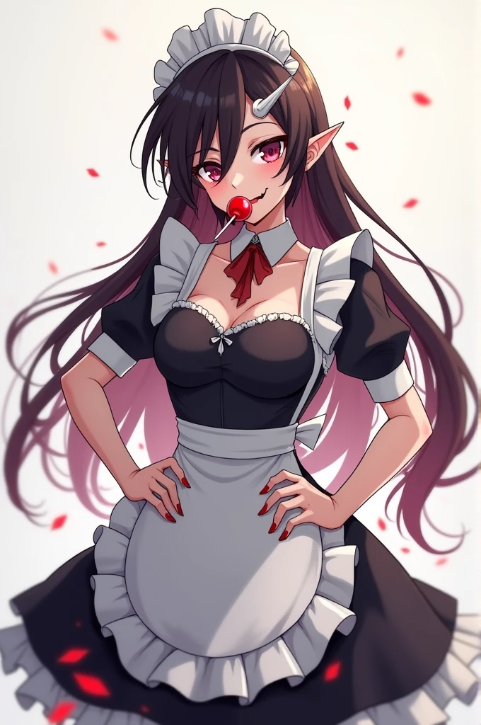 anime styling, malicious expression, Hands on waist,long hair,Geshin,maid outfit,lollipop in mouth