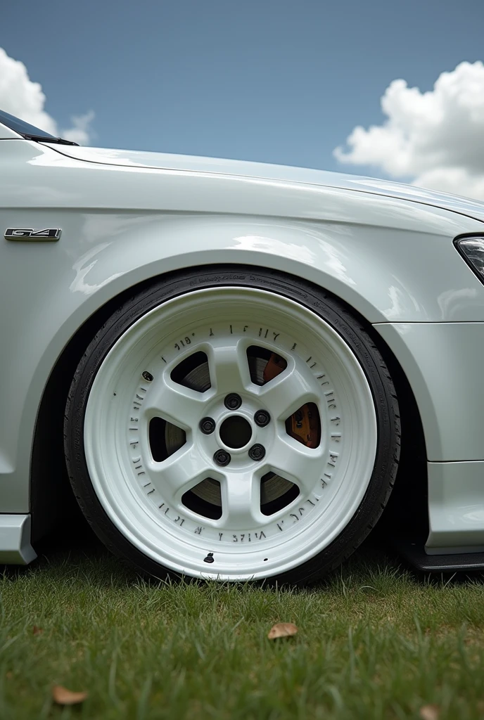 creates an image of a white g4 2013 goal with 13-inch rim, lowered