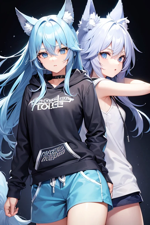 ((Highest quality)), ((masterpiece)), (detailed), Blue hair and blue eyes, Wolf ears and tail、Hoodie and shorts