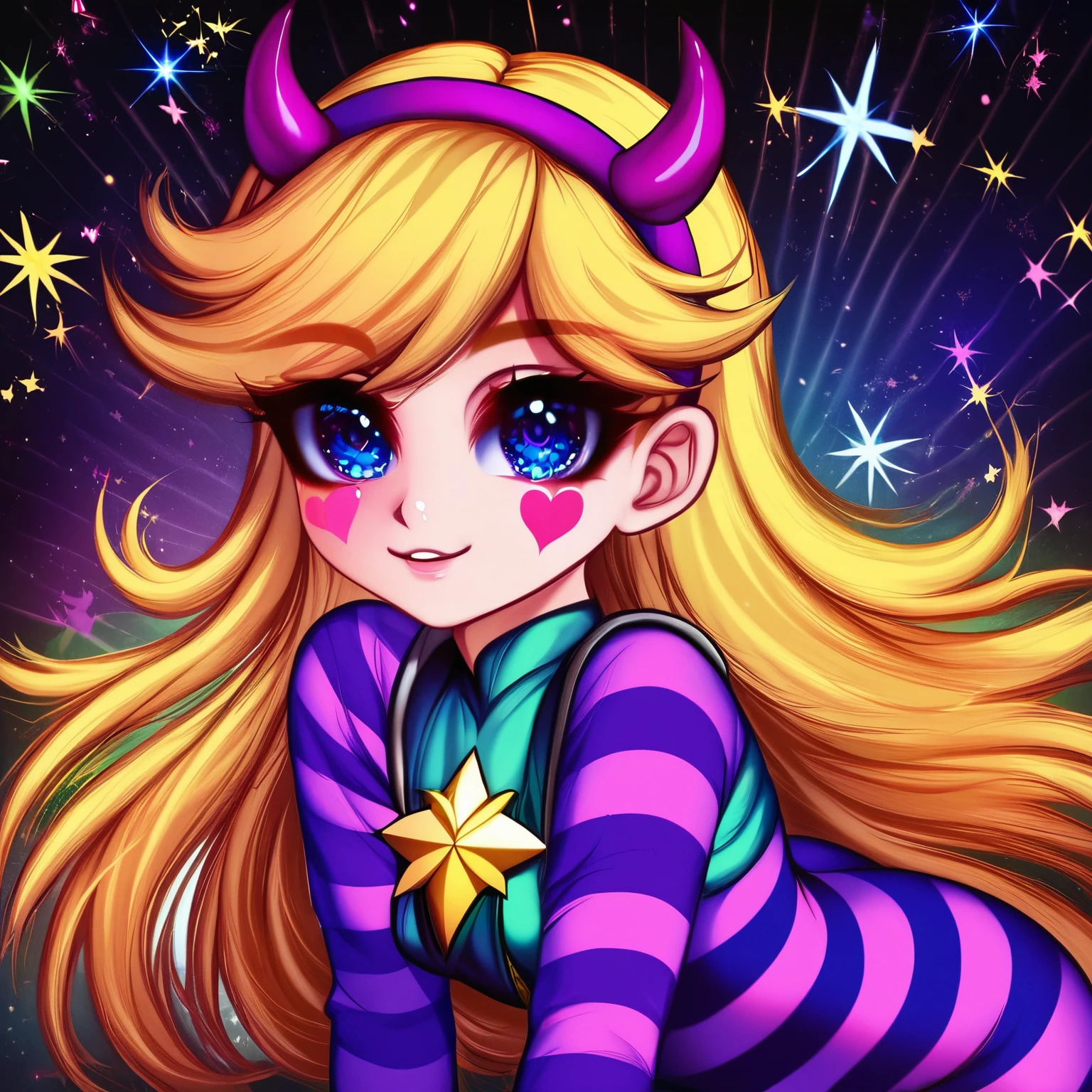 (masterpiece, best quality, high resolution:1.4), 1girl, woman, star butterfly, green squid outfit, horn_hairband, looking at viewer, purple striped pantyhose, yellow hair, blue eyes. 