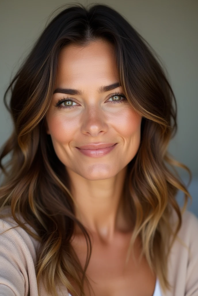 Beautiful brunette, long wavy hair with some highlights, woman 40 years old with natural makeup selfie natural